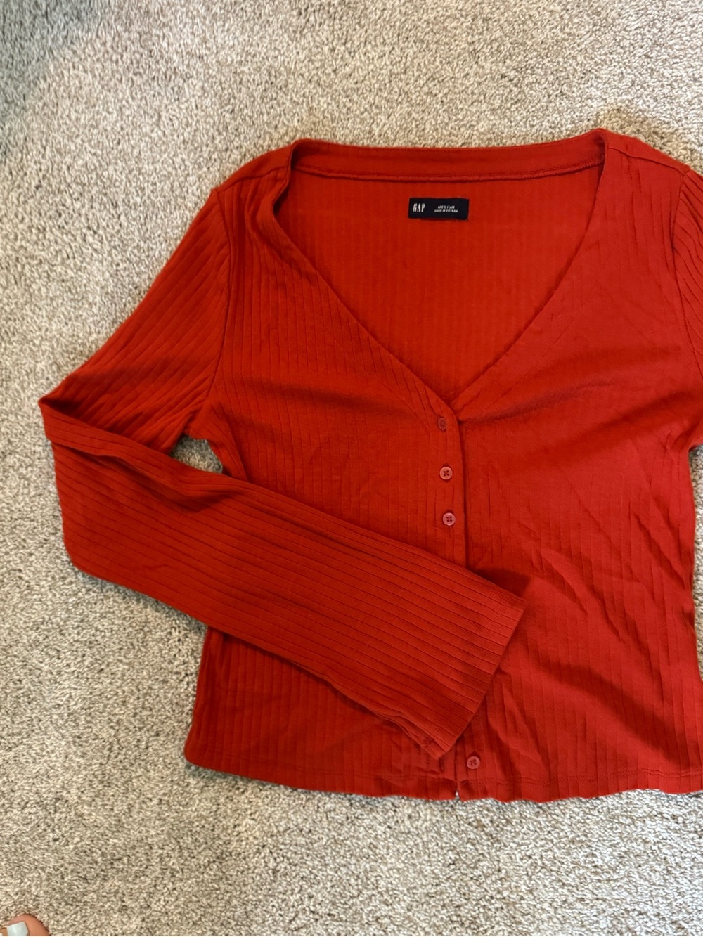 GAP Rust Red Ribbed Button-Front V-Neck Long Sleeve Top